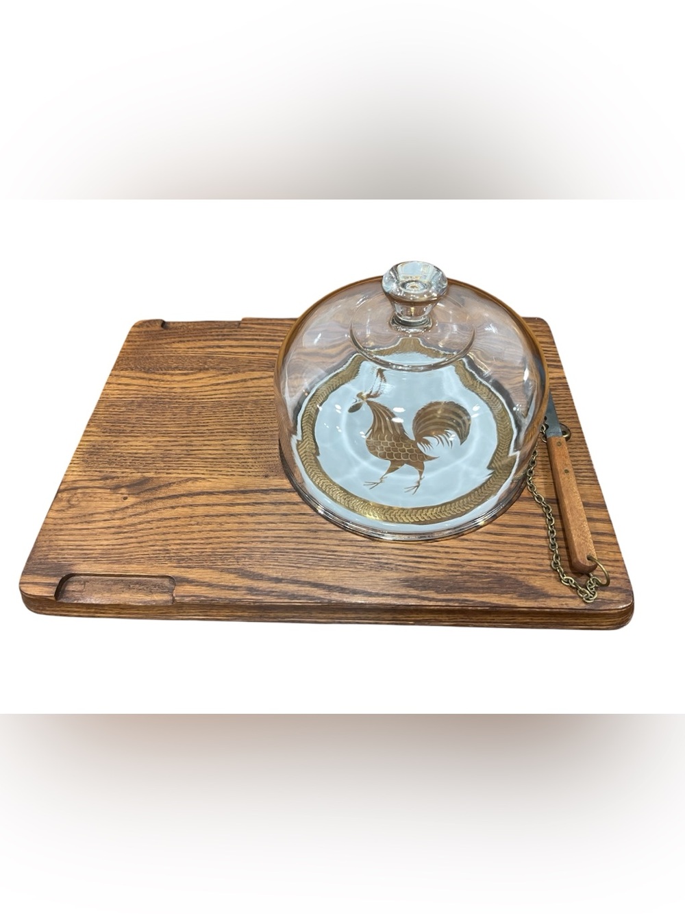 Vintage MCM Wooden Cheeseboard with Glass Dome & Rooster Design Cottagecore Farm